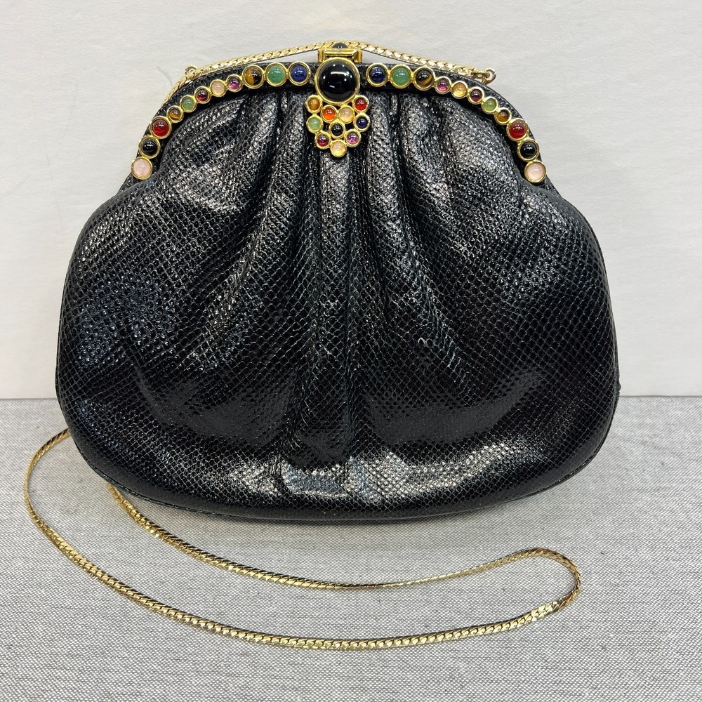 Vtg Judith Leiber Black Lizard Gemstone Embellished Top Shoulder Bag Gold Strap